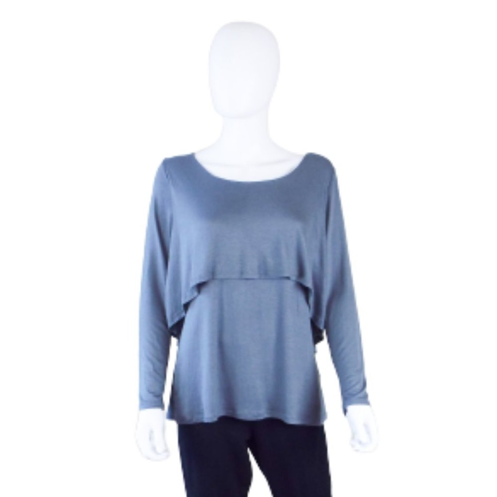 THE HANGER GREY GRAY LAYERED LONG SLEEVE BOAT NECK TUNIC TOP - MEDIUM  95% Rayon